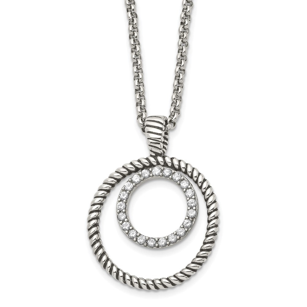 Stainless Steel Antiqued Polished & Textured w/CZ Circle 18in Necklace, 18 mm