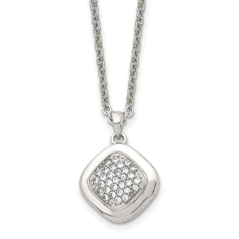 Stainless Steel Polished w/CZ Square 18in w/2in ext Necklace, 18 mm