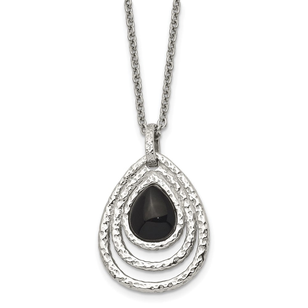 Chisel Stainless Steel Polished and Textured Black Onyx Pendant on an 18 inch Cable Chain with a 2 inch Extension Necklace, 18 x 24 mm