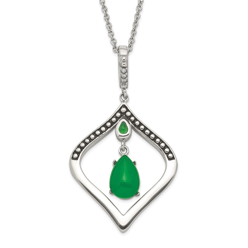 Stainless Steel Polished & Antiqued Synthetic Dyed Jade & CZ w/2in ext. Necklace, 20 mm