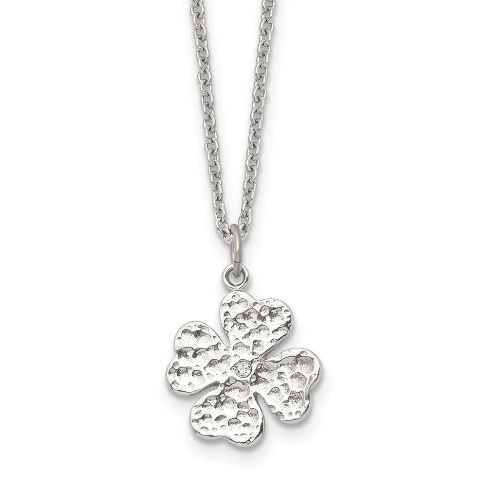 Stainless Steel Polished and Textured w/Crystal Four Leaf Clover Necklace, 18 mm