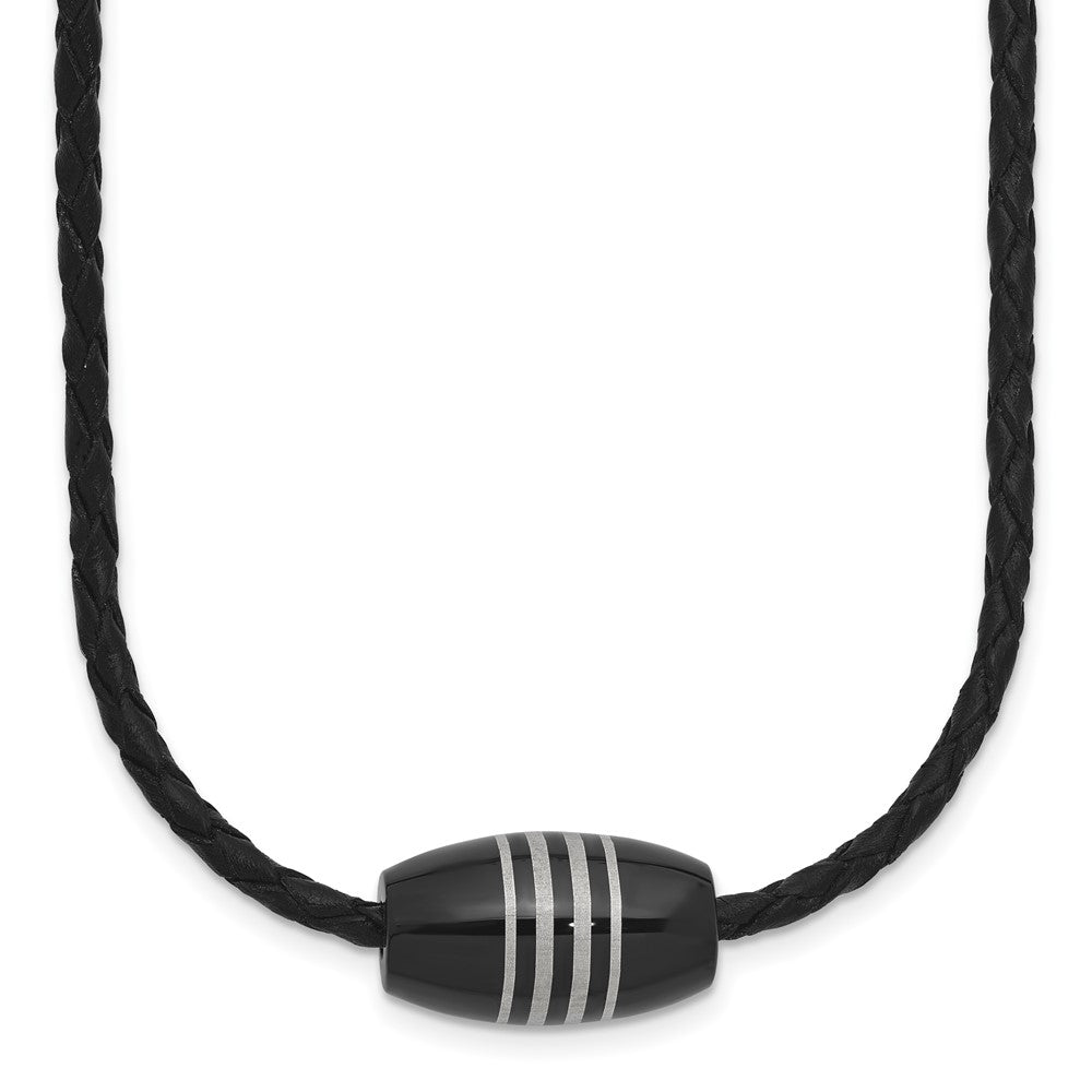 Chisel Stainless Steel Polished Black IP-plated Leather Cord 20 inch Necklace, 20 x 11.5 mm