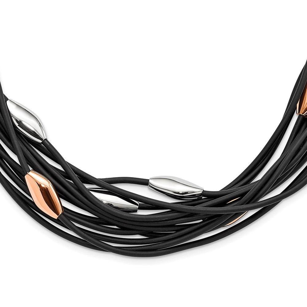Stainless Steel Polished Pink IP-plated Black Rubber w/1in. ext. Necklace, 18.5 mm