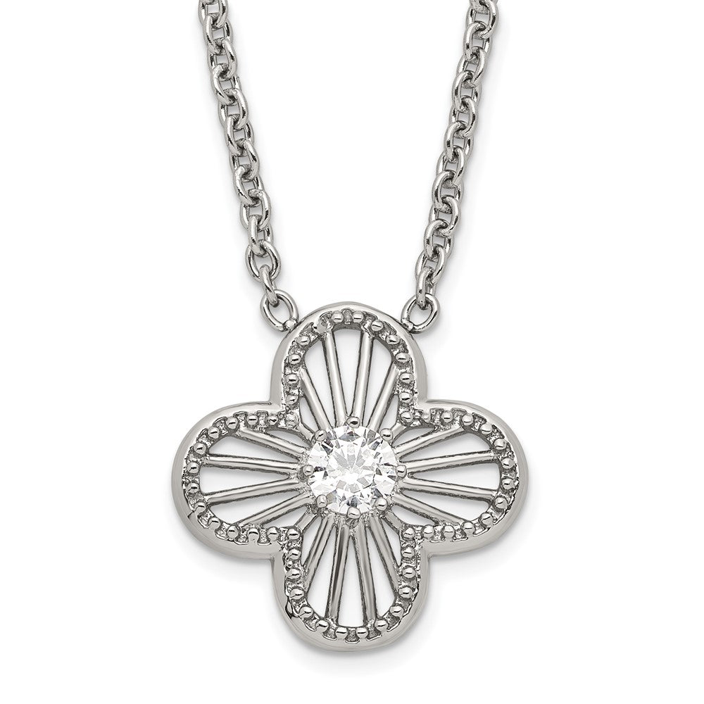Stainless Steel Polished CZ Flower Necklace, 17.25 mm