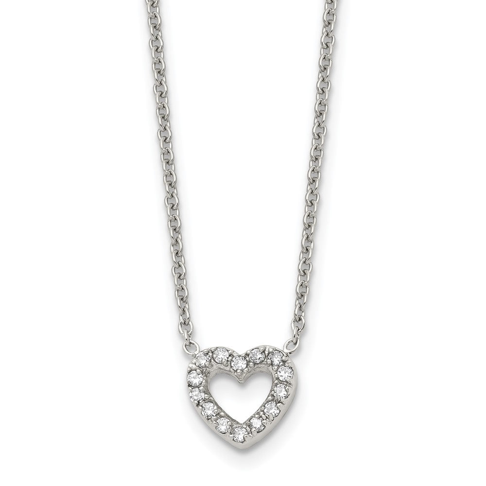 Chisel Stainless Steel Polished CZ Open Heart on an 18 inch Cable Chain Necklace, 18 x 10.5 mm