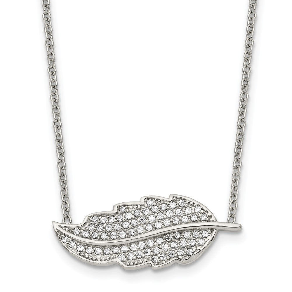 Stainless Steel Polished w/CZ Leaf 18in Necklace, 18 mm