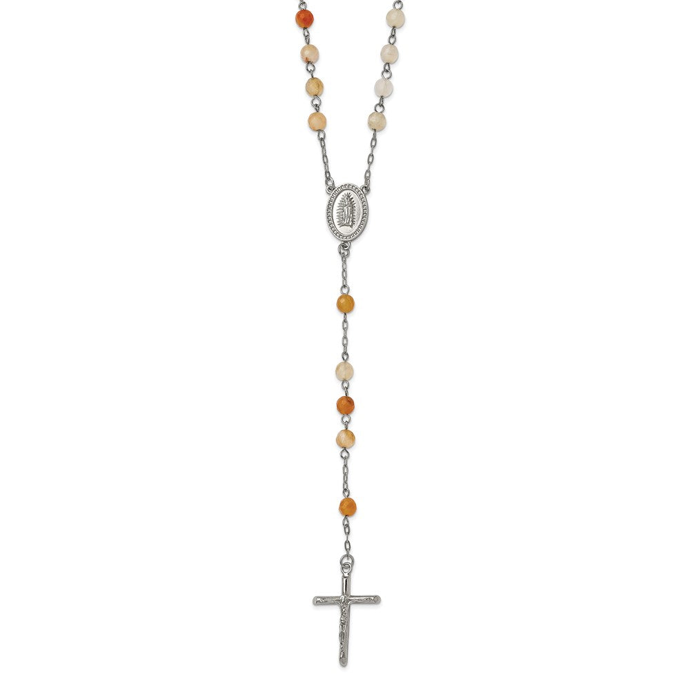 Chisel Stainless Steel Polished with Agate Beads 31 inch Rosary Necklace, 31 x 23.5 mm