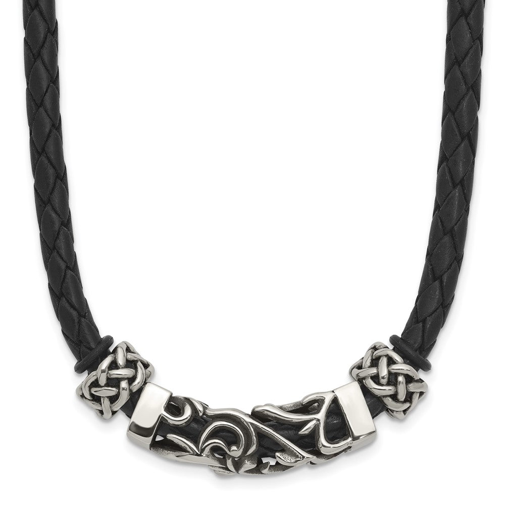 Chisel Stainless Steel Black Leather with Antiqued Beads 19.75 inch Necklace, 19.75 x 10 mm