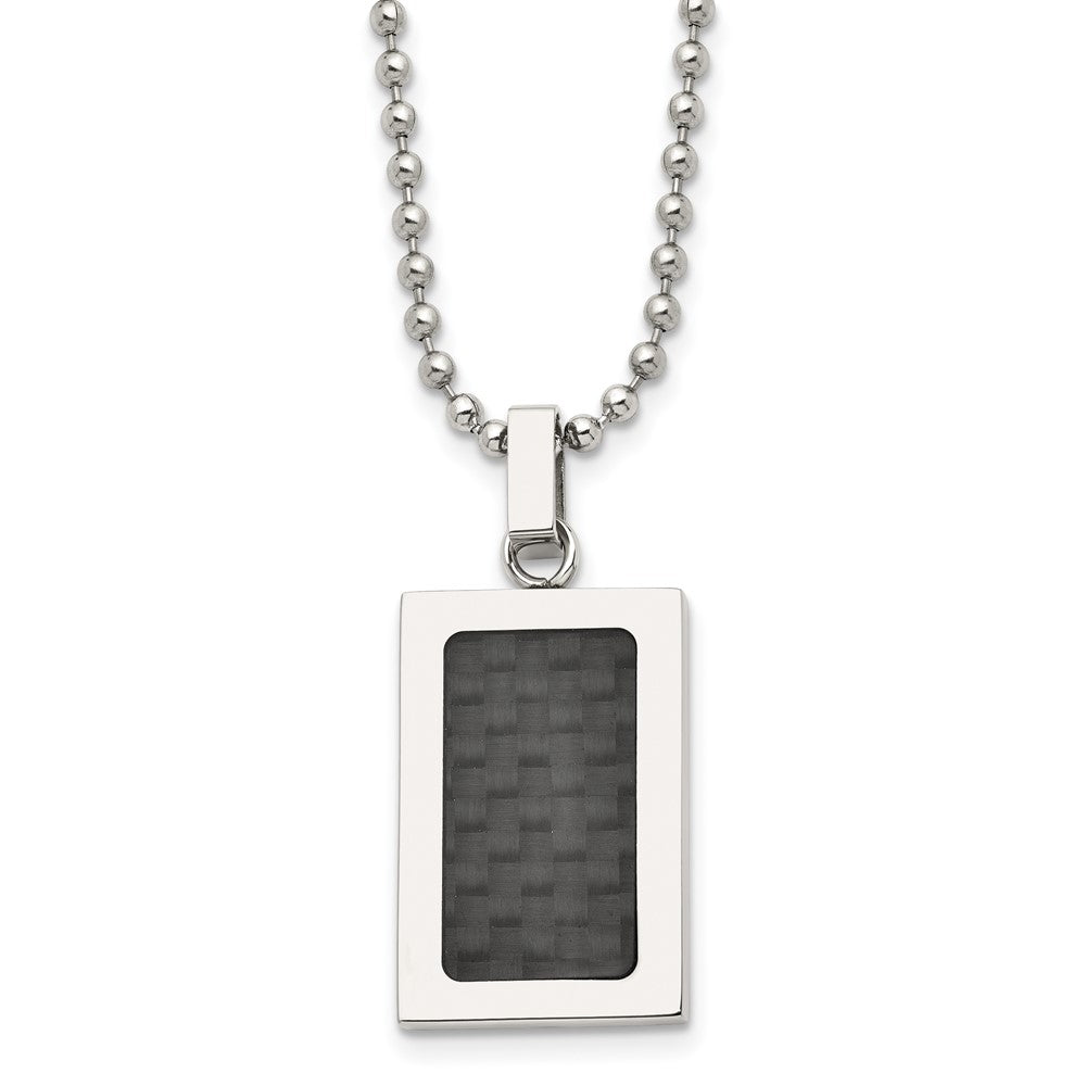 Stainless Steel 22in Polished w/Black Carbon Fiber Inlay Rectangle Necklac, 22 x 18 mm