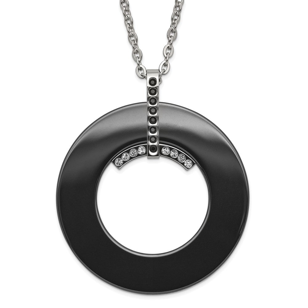 Stainless Steel Polished Black Ceramic Black & Clear CZ Circle Necklace, 20 mm