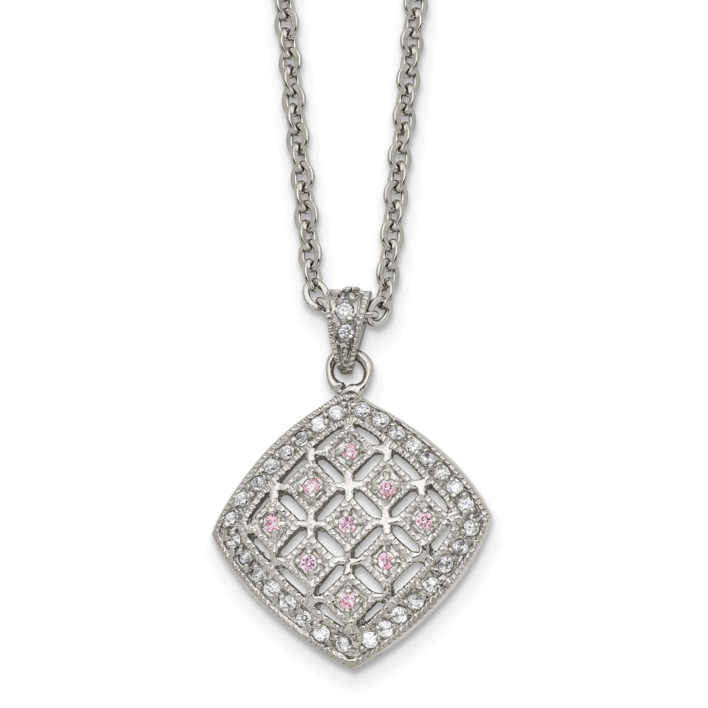 Chisel Stainless Steel Polished Clear and Pink CZ Square Pendant on a 18 inch Cable Chain Necklace, 18 x 23 mm