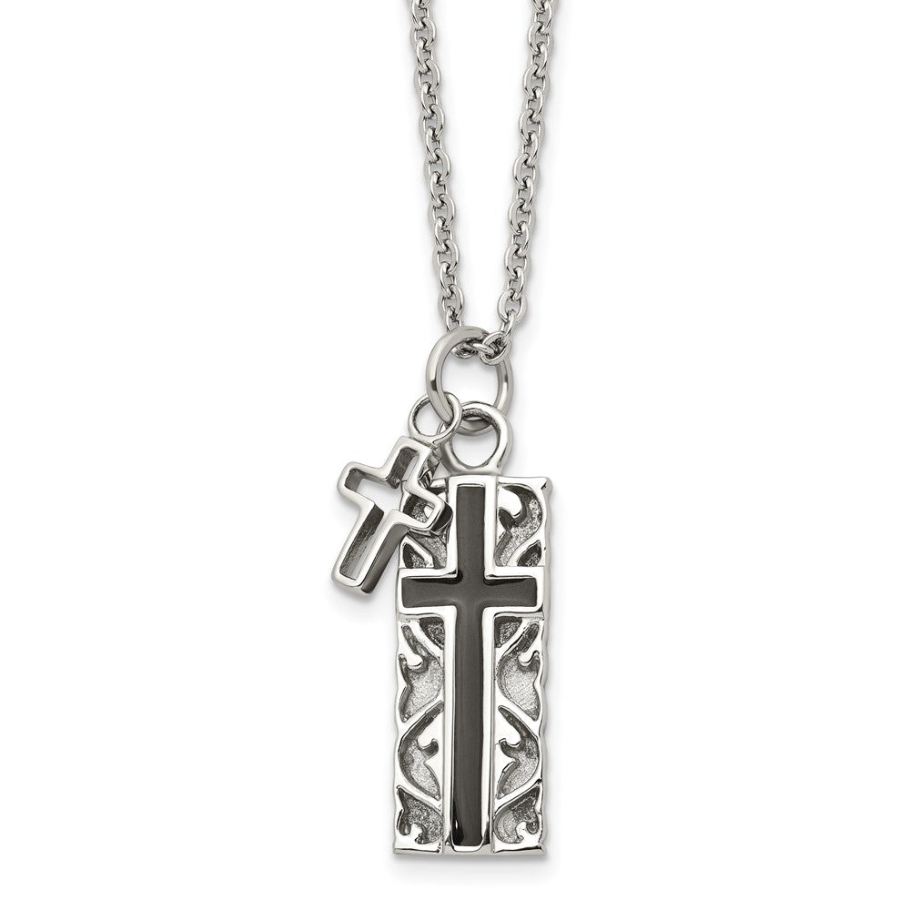 Chisel Stainless Steel Polished Black IP-plated 2 Piece Cross Pendant on a 20 inch Cable Chain Necklace, 20 x 11 mm