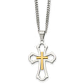 Chisel Stainless Steel Brushed and Polished Yellow IP-plated Cross Pendant on a 22 inch Curb Chain Necklace, 22 x 25.19 mm
