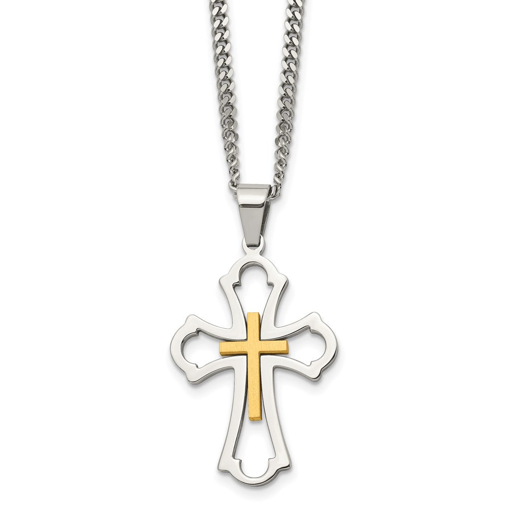 Chisel Stainless Steel Brushed and Polished Yellow IP-plated Cross Pendant on a 22 inch Curb Chain Necklace, 22 x 25.19 mm