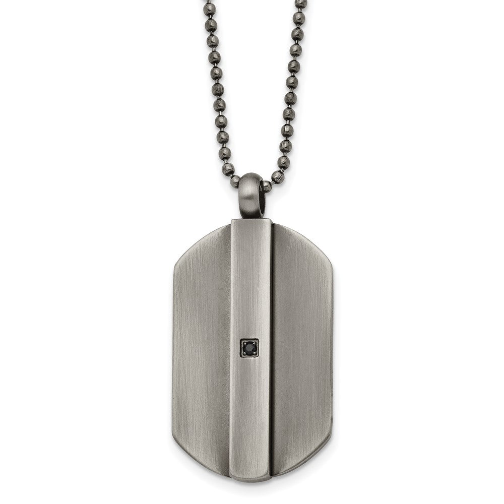 Stainless Steel Antiqued and Brushed w/Black CZ Dog Tag 20in Necklace, 20 mm