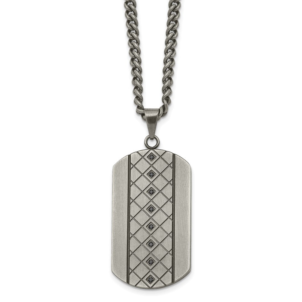 Chisel Stainless Steel Brushed and Textured with Black CZ Dog Tag on a 22 inch Curb Chain Necklace, 22 x 25 mm