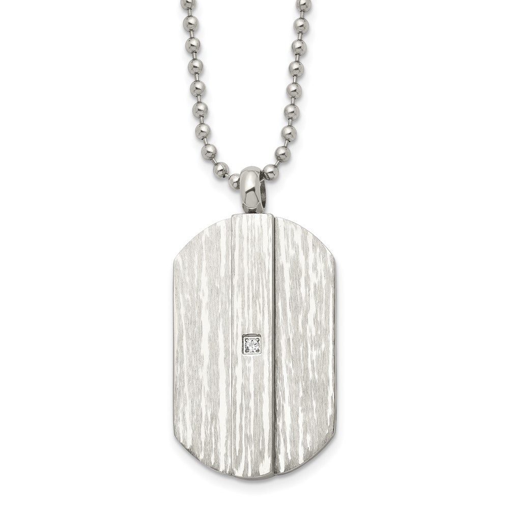 Stainless Steel 20in Brushed & Polished w/CZ Dog Tag Necklace, 20 mm