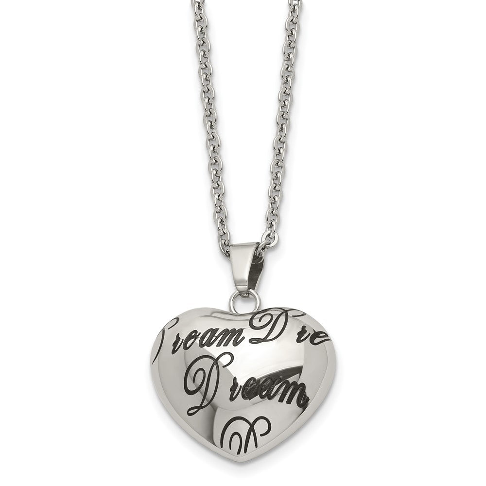 Stainless Steel Polished Enameled DREAM Hollow Heart 18in Necklace, 18 mm