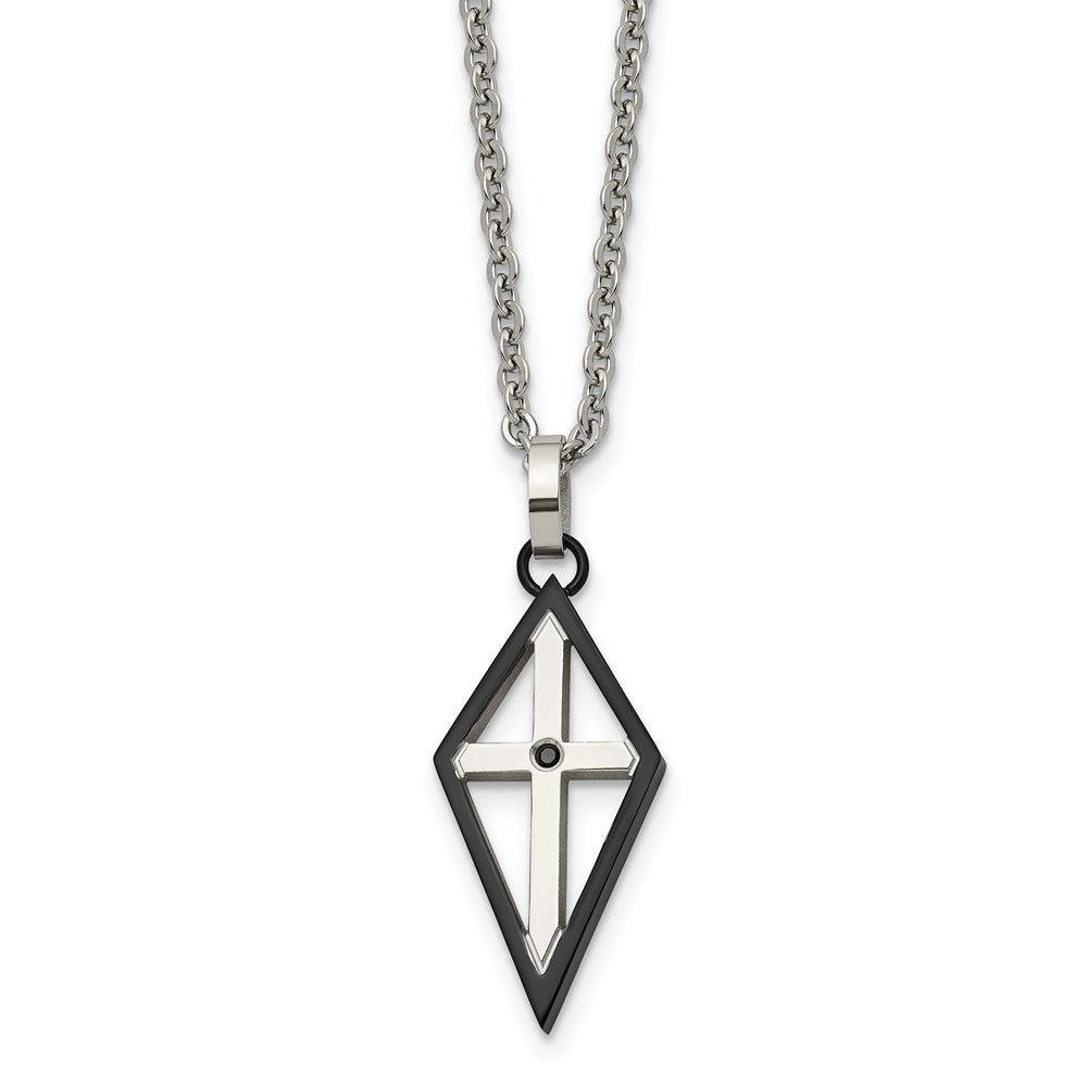 Stainless Steel Polished Black IP-plated w/CZ Cross 20in Necklace, 20 mm