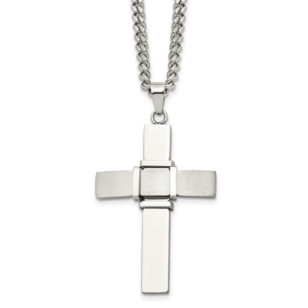 Chisel Stainless Steel Brushed and Polished Cross Pendant on a 22 inch Curb Chain Necklace, 22 x 29.77 mm