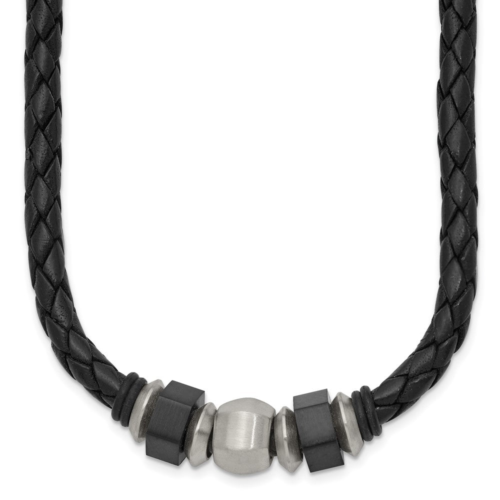 Chisel Stainless Steel Brushed Black IP-plated Leather and Rubber 19.25 inch Necklace, 19.25 x 11 mm