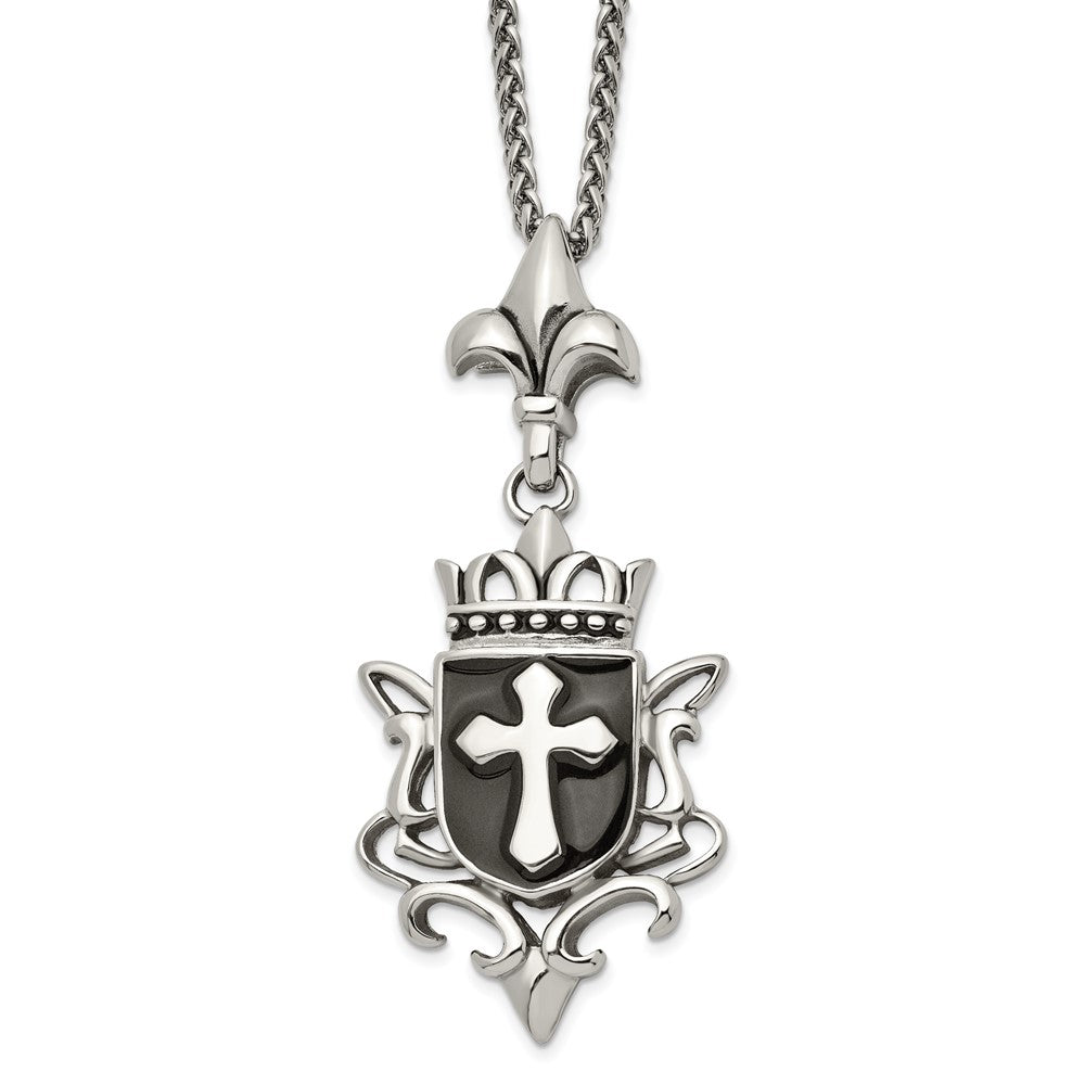 Chisel Stainless Steel Antiqued and Enameled Cross Pendant on a 22 inch Spiga Chain Necklace, 22 x 36.62 mm