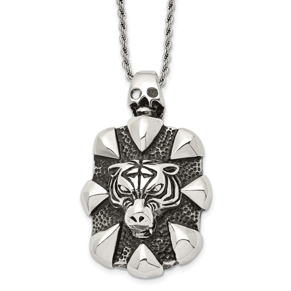 Chisel Stainless Steel Antiqued and Polished Tiger and Skull Pendant on a 20 inch Rope Chain Necklace, 20 x 18.45 mm
