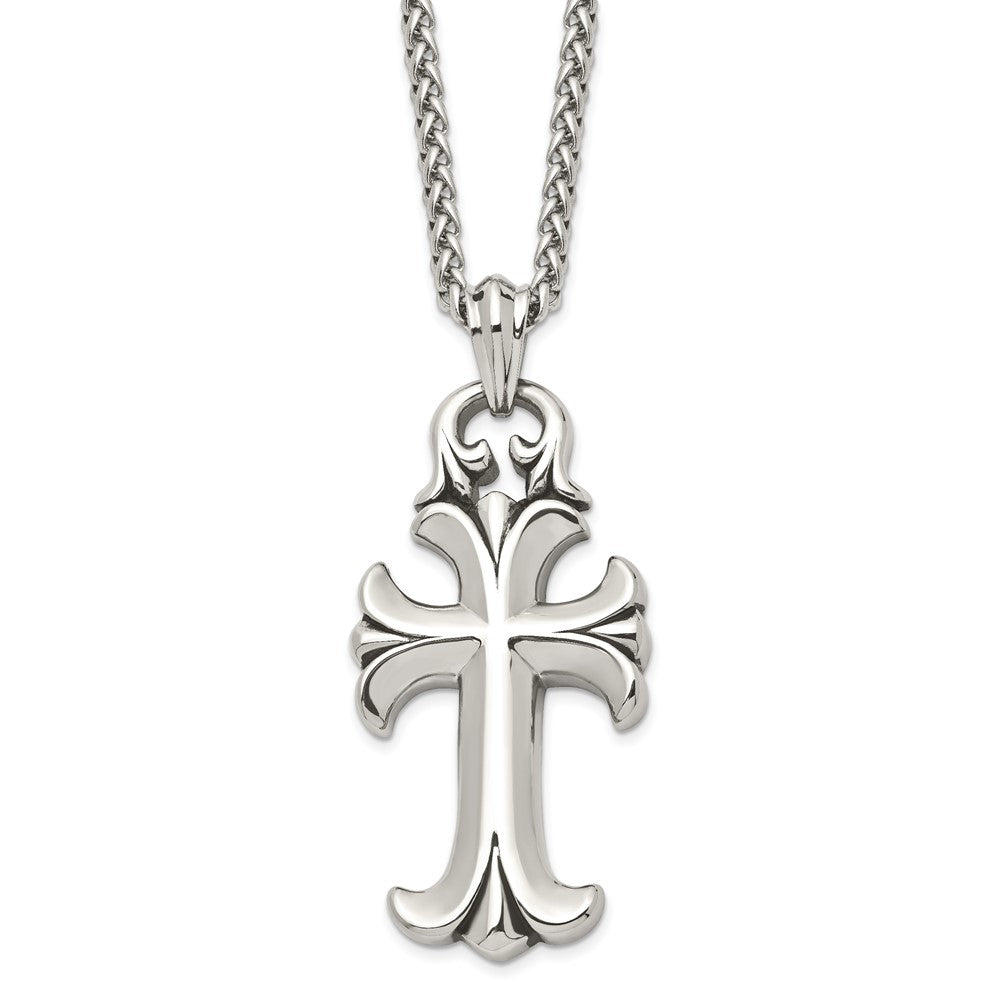 Chisel Stainless Steel Antiqued and Polished Cross Pendant on a 24 inch Spiga Chain Necklace, 24 x 35.5 mm
