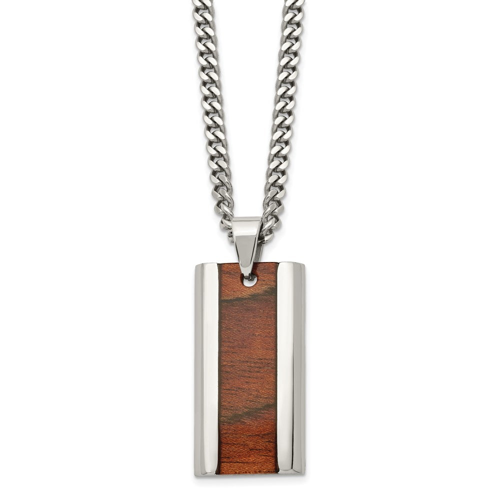 Chisel Stainless Steel Polished Koa Wood Inlay Enameled Pendant on a 20 inch Curb Chain Necklace, 20 x 21.09 mm