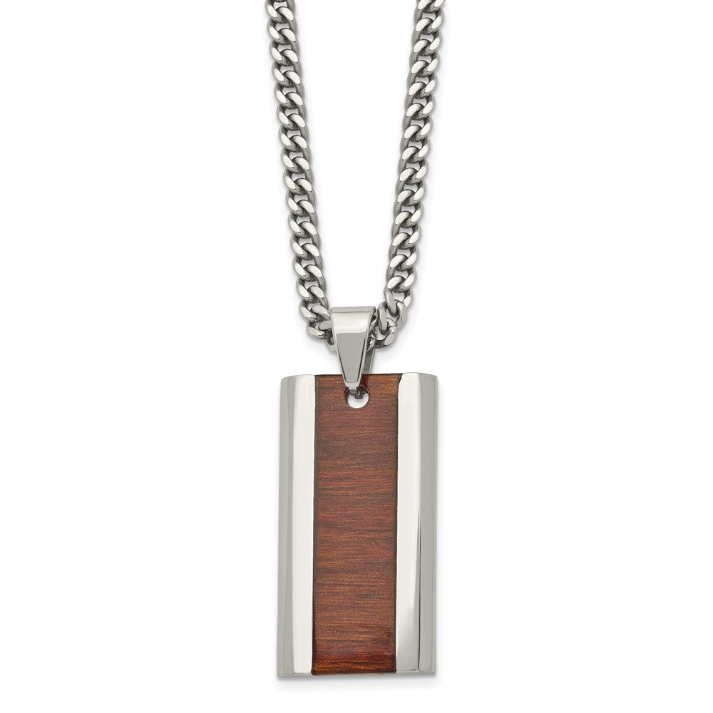 Chisel Stainless Steel Polished Red/Orange Koa Wood Inlay Enameled Pendant on a 20 inch Curb Chain Necklace, 20 x 21.25 mm