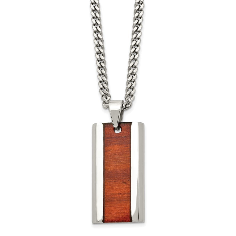 Chisel Stainless Steel Polished Red Koa Wood Inlay Enameled Pendant on a 20 inch Curb Chain Necklace, 20 x 21.37 mm
