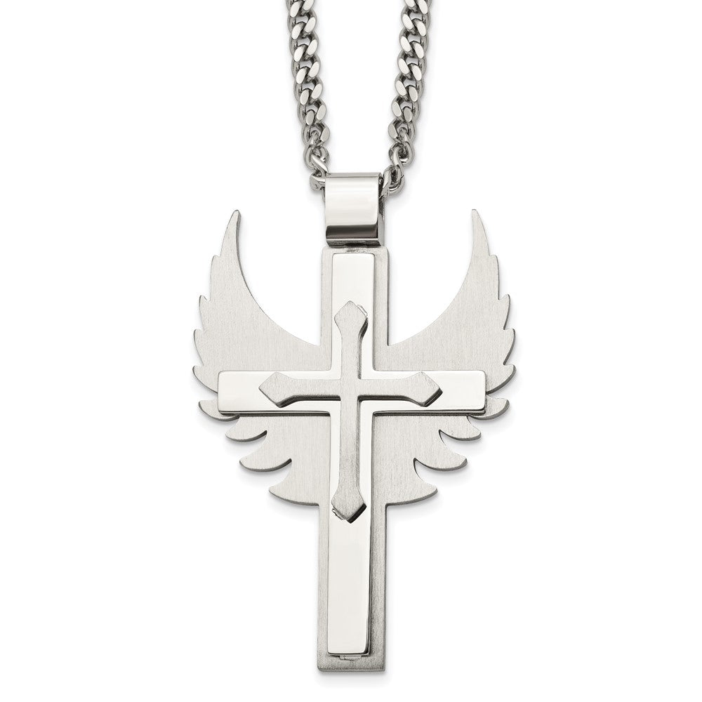 Chisel Stainless Steel Brushed and Polished Cross with Wings Pendnat on a 20 inch Curb Chain Necklace, 20 x 28.42 mm