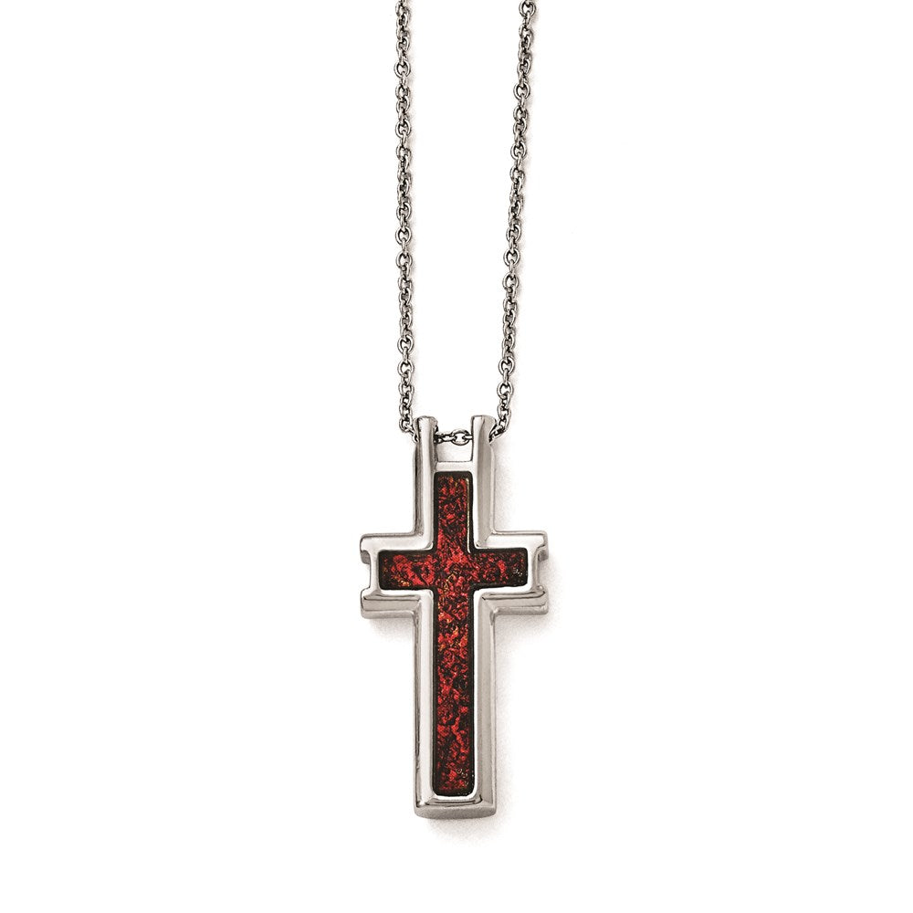 Stainless Steel Polished Red/Black Enameled 19.75 inch Cross Necklace, 19.75 mm