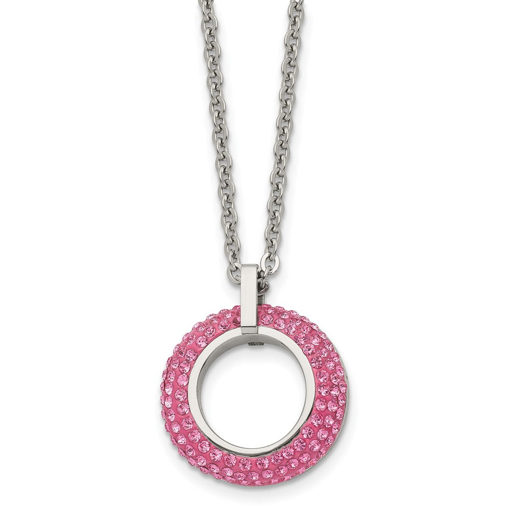 Stainless Steel Polished with Pink Crystal Circle 18in Necklace, 18 mm