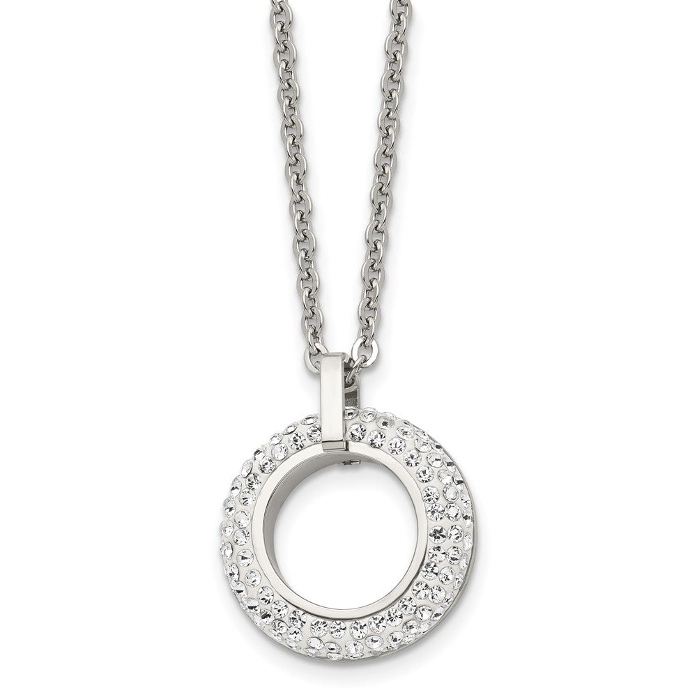 Chisel Stainless Steel Polished White Enameled with Crystals Open Circle Pendant on an 18 inch Cable Chain Necklace, 18 x 21.5 mm