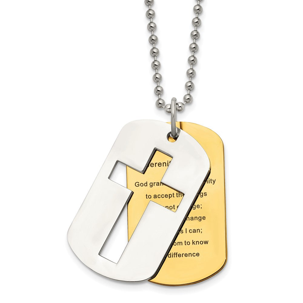 Chisel Stainless Steel Polished Yellow IP-plated 2 Piece Cross Serenity Prayer Dog Tag on a 22 inch Ball Chain Necklace, 22 x 25.04 mm