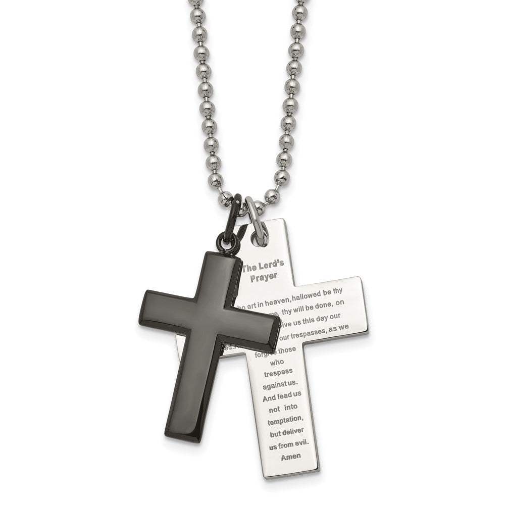 Chisel Stainless Steel Polished Black IP-plated 2 Piece Lord's Prayer Cross on a 24 inch Necklace, 24 x 29.92 mm
