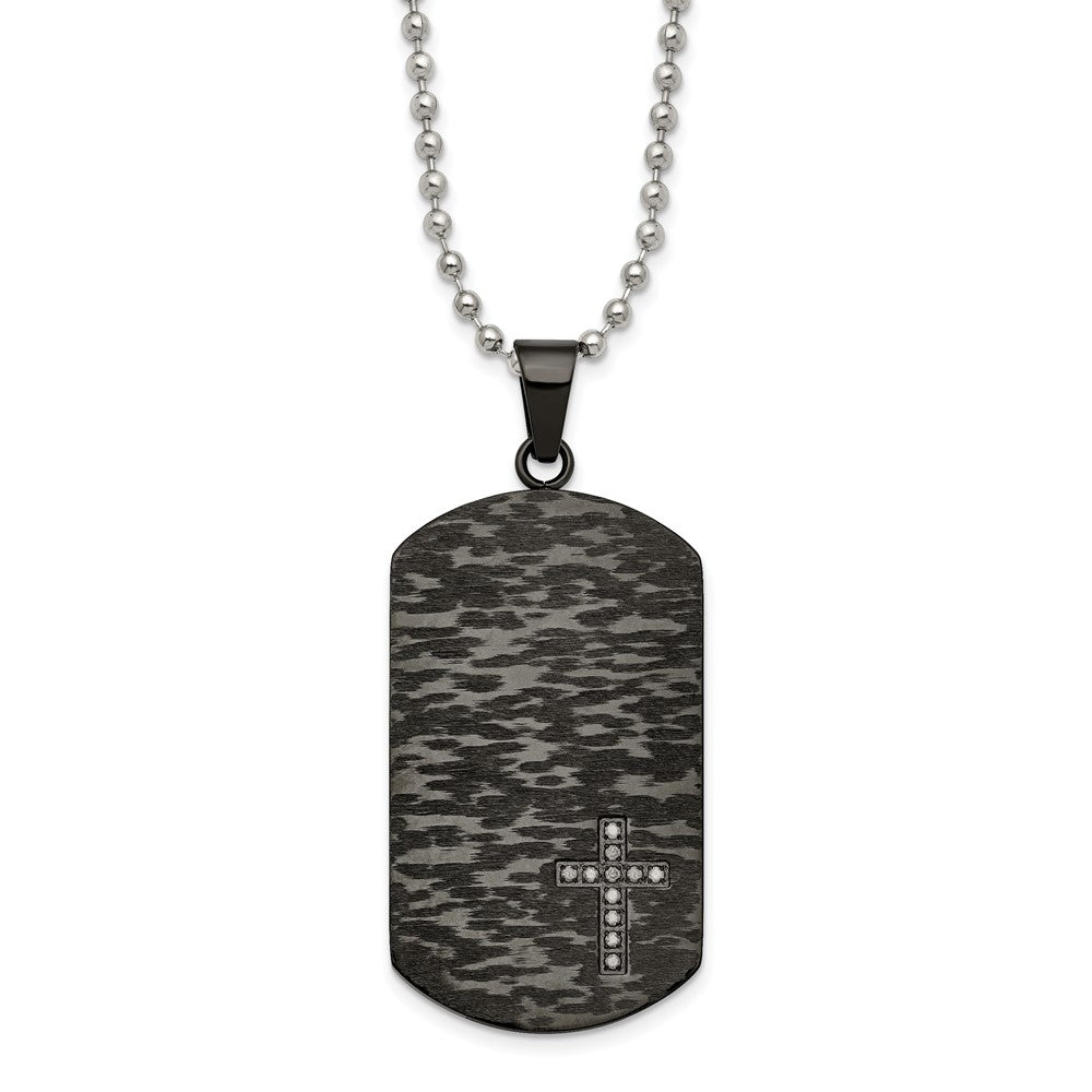 Chisel Stainless Steel Brushed and Polished Black IP-plated 1/10 Carat Diamond Cross Dog Tag on a 24 inch Ball Chain Necklace, 0.1 ct, 24 x 26.31 mm