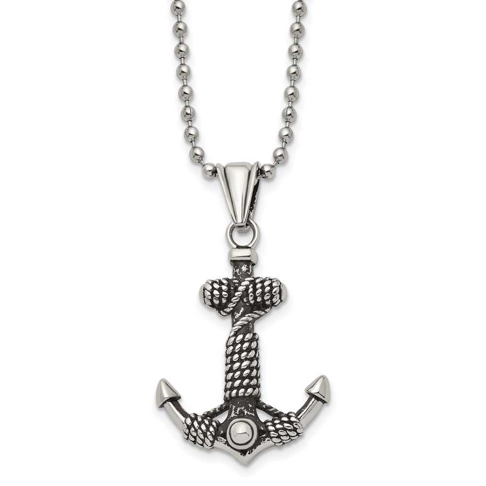 Chisel Stainless Steel Antiqued and Polished Anchor with Rope Pendant on a 24 inch Ball Chain Necklace, 24 x 26.01 mm