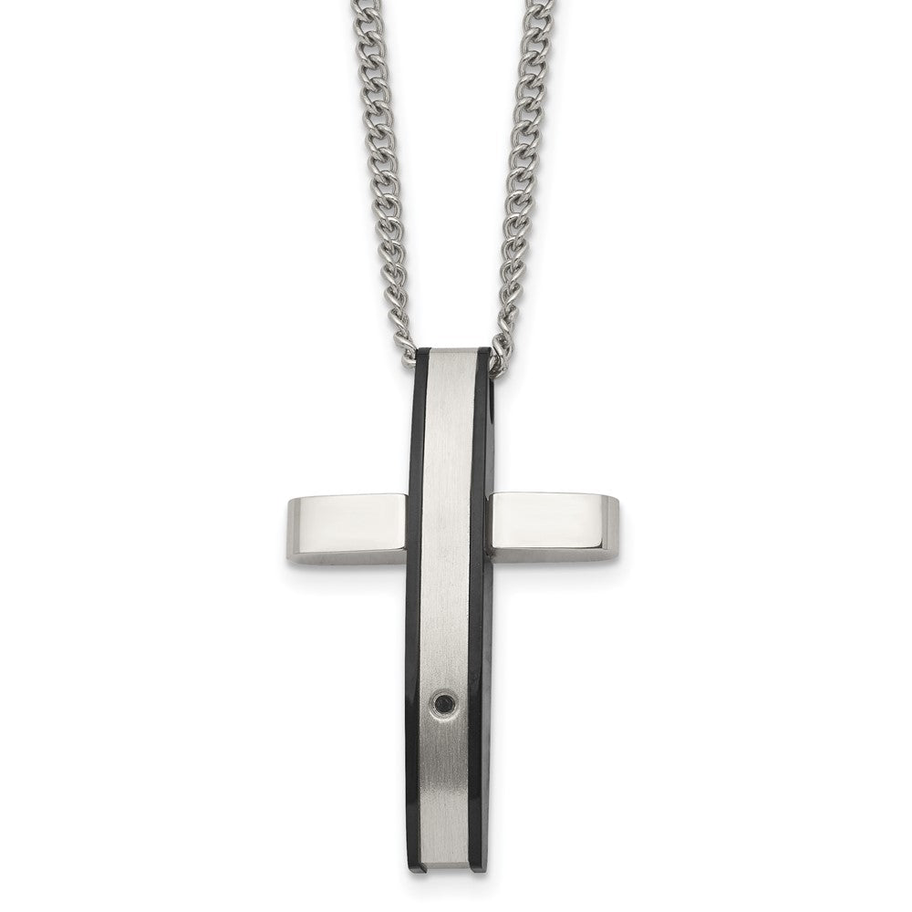 Chisel Stainless Steel Polished Black IP-plated .01 carat Diamond Cross Pendant on a 24 inch  Curb Chain Necklace, 0.015 ct, 24 x 23.61 mm