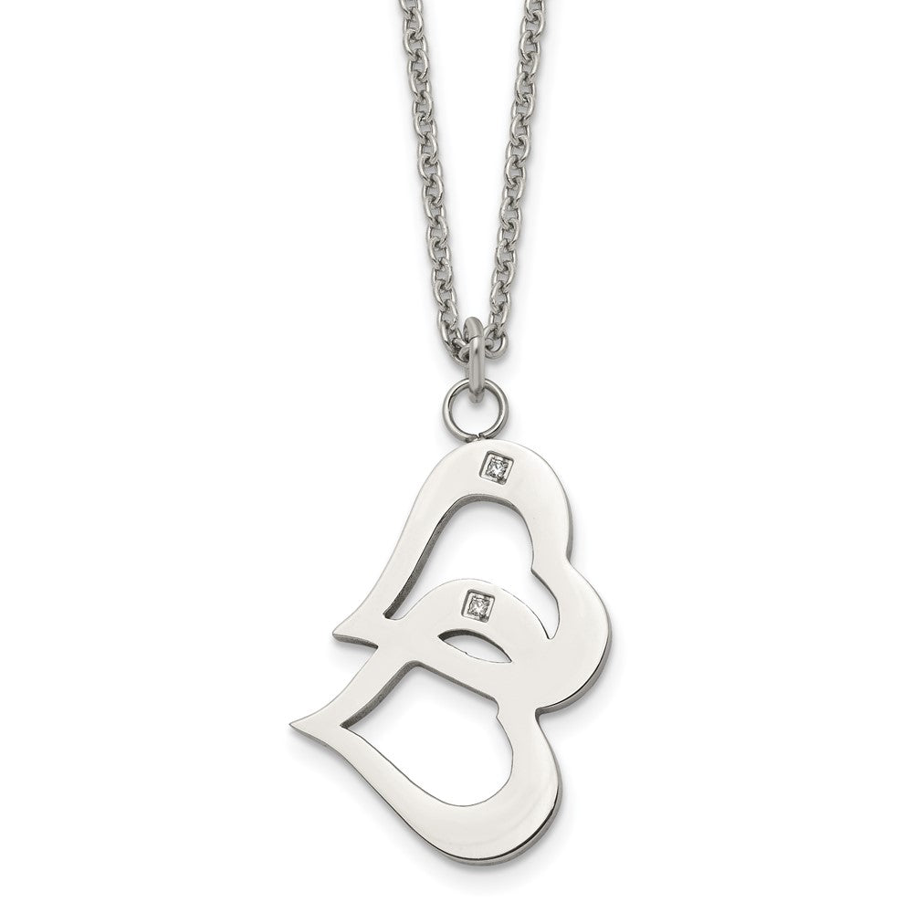 Stainless Steel Polished w/CZ Hearts 16.5in w/2in ext Necklace, 16.5 mm