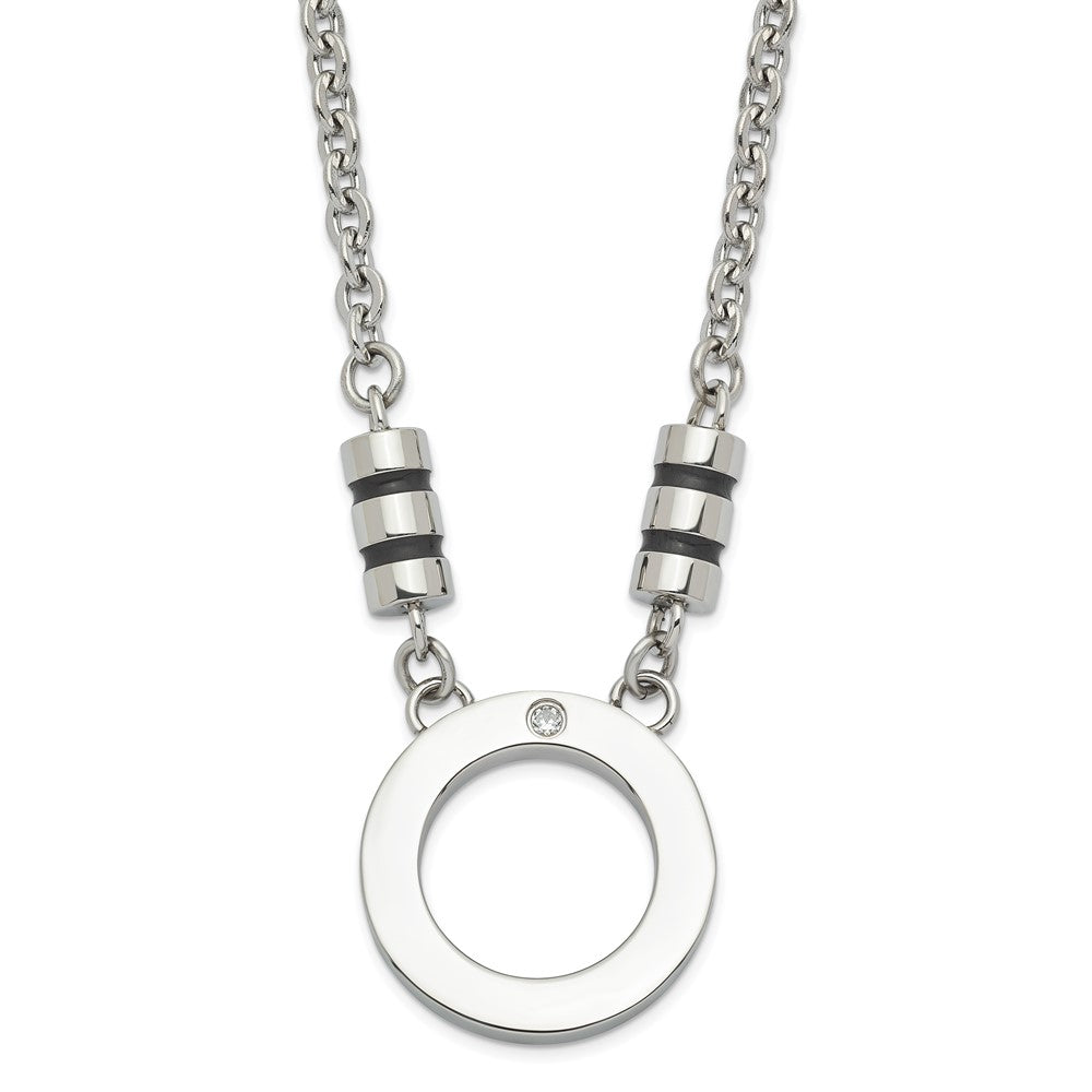 Stainless Steel Polished Black Enamel CZ Circle Necklace, 22.5 mm