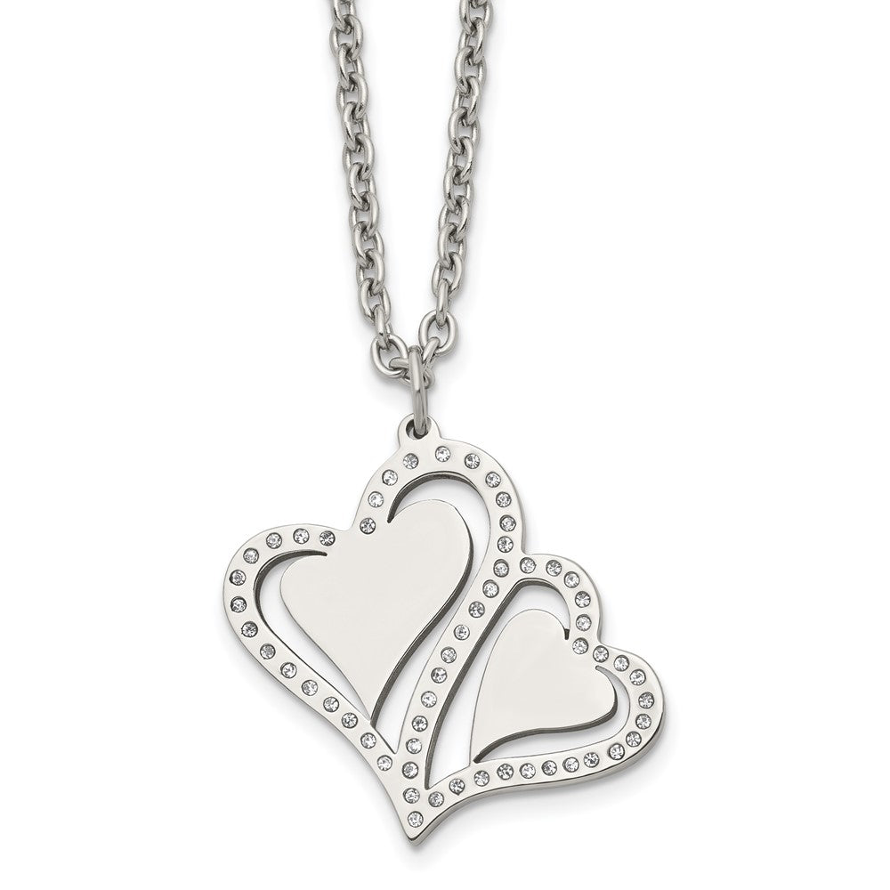 Stainless Steel Polished w/Crystals Hearts 15.75in w/2.25in ext Necklace, 15.75 mm