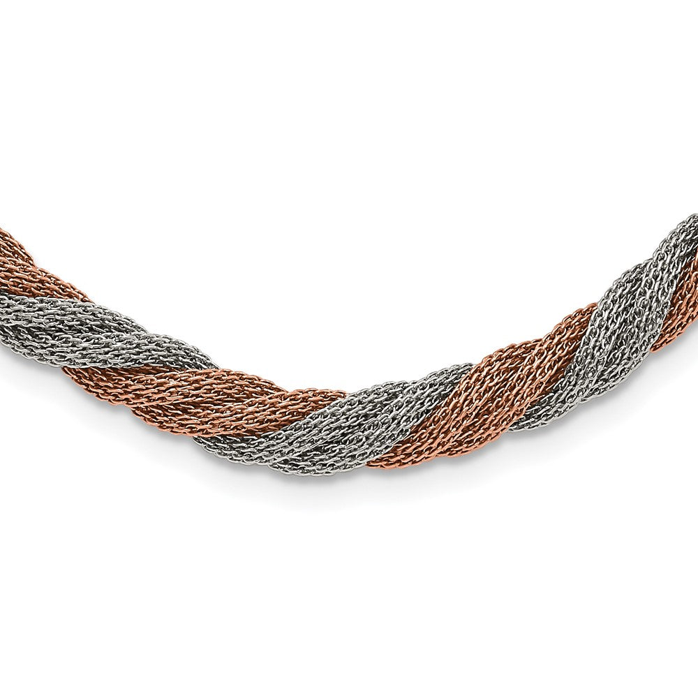 Stainless Steel Polished Rose IP-plated Twisted Mesh Necklace, 17.5 x 6.75 mm