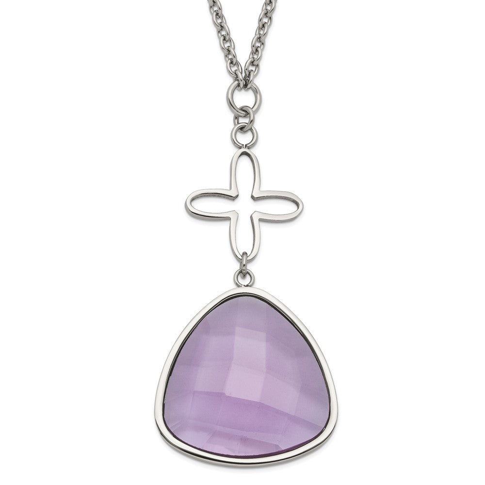 Stainless Steel Polished Purple Glass Flower Necklace, 18 mm
