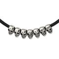 Stainless Steel Antiqued/Polished Skulls 18in Black Leather Cord Necklace, 18 mm