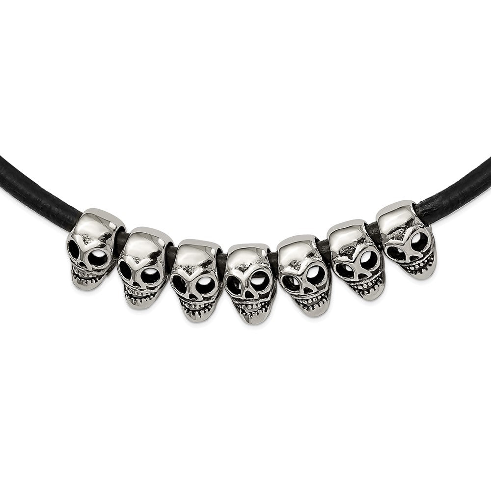 Stainless Steel Antiqued/Polished Skulls 18in Black Leather Cord Necklace, 18 mm