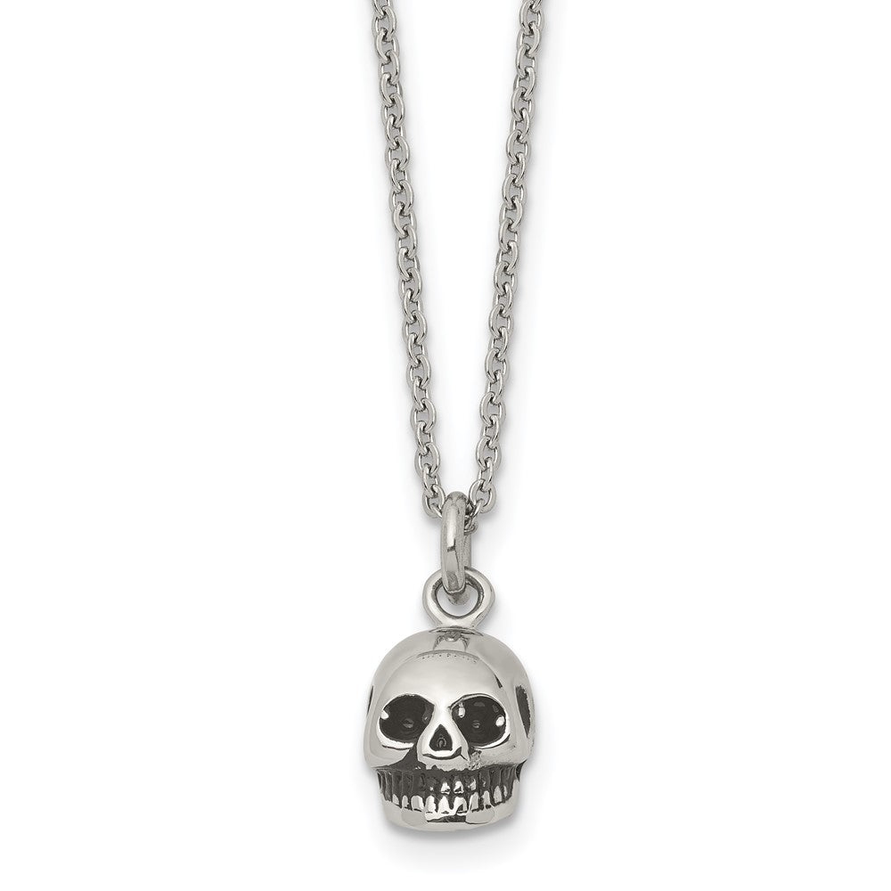 Stainless Steel Polished and Antiqued Skull 19in Necklace, 19 mm