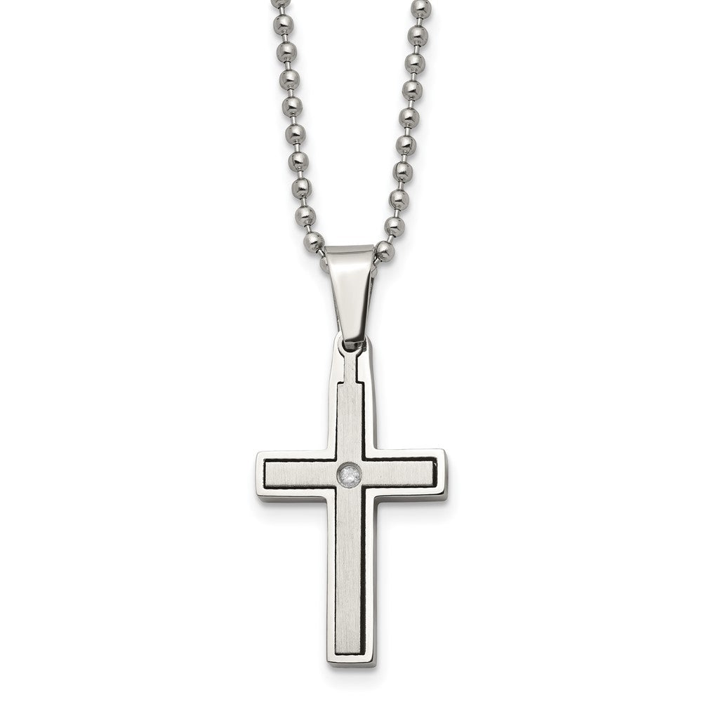 Chisel Stainless Steel Brushed and Polished .03 carat Diamond Cross Pendant on a 22 inch Ball Chain Necklace, 0.035 ct, 22 x 18 mm