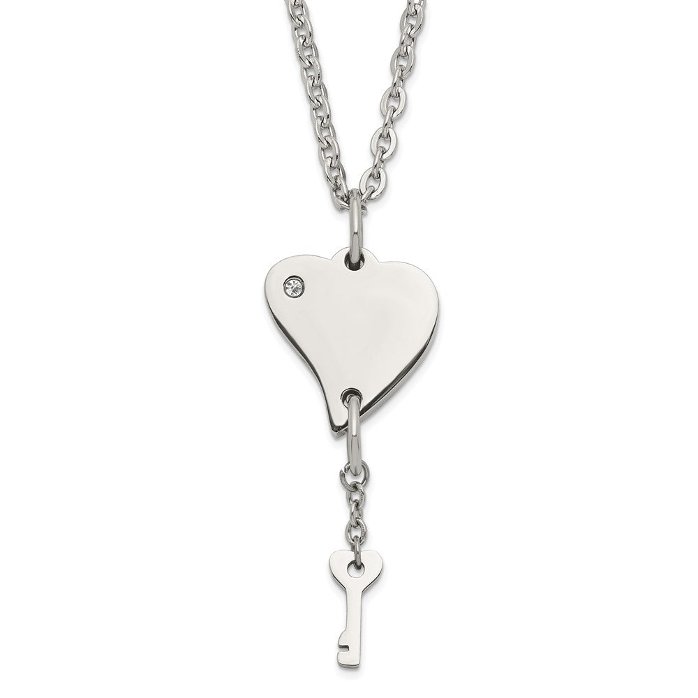 Stainless Steel Polished Heart with CZ and Key Dangle Necklace, 18 mm